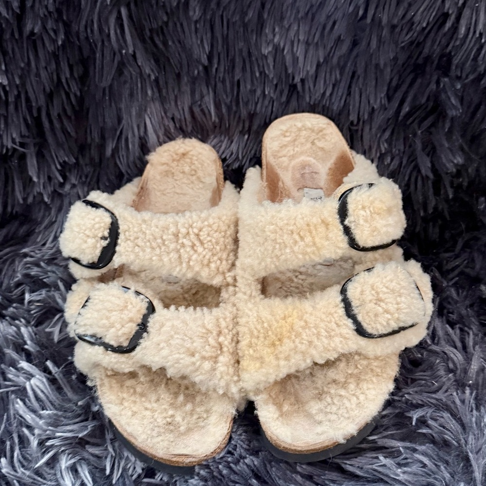 Papillio Fuzzy Cream Sandals with Black Buckles